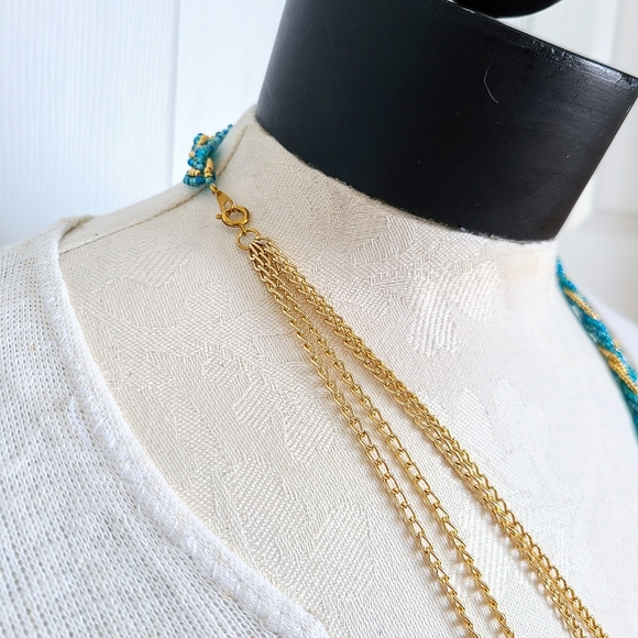 "The Sash" Braided Gold & Blue Beadwork w/ Agate Pendants & Gold Chain Necklace - Picture 5 of 7